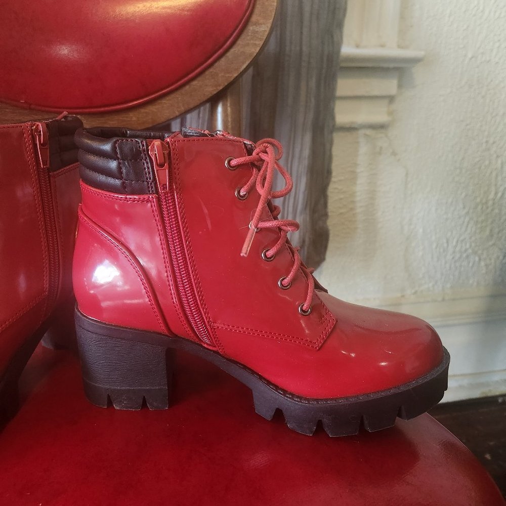 red combat boots with black heel